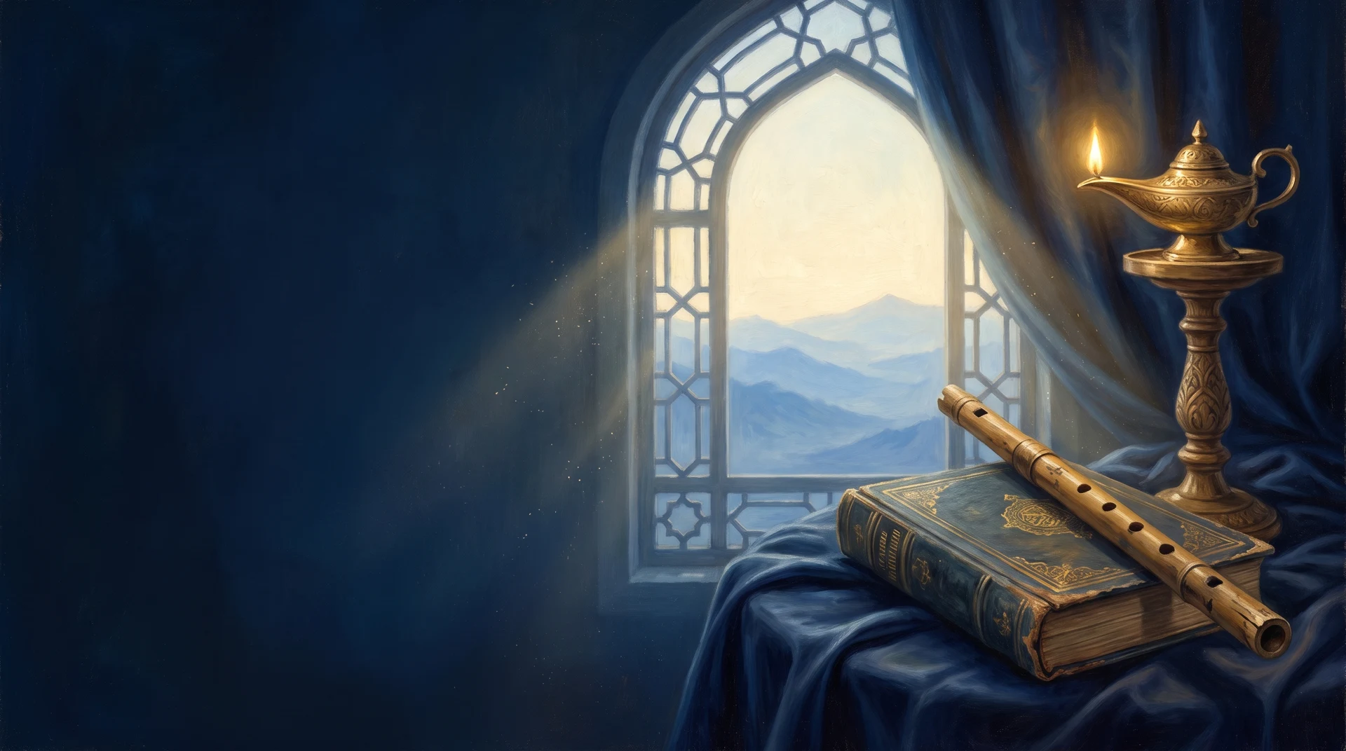 A reed flute and antique book in golden lamplight beside an arched window