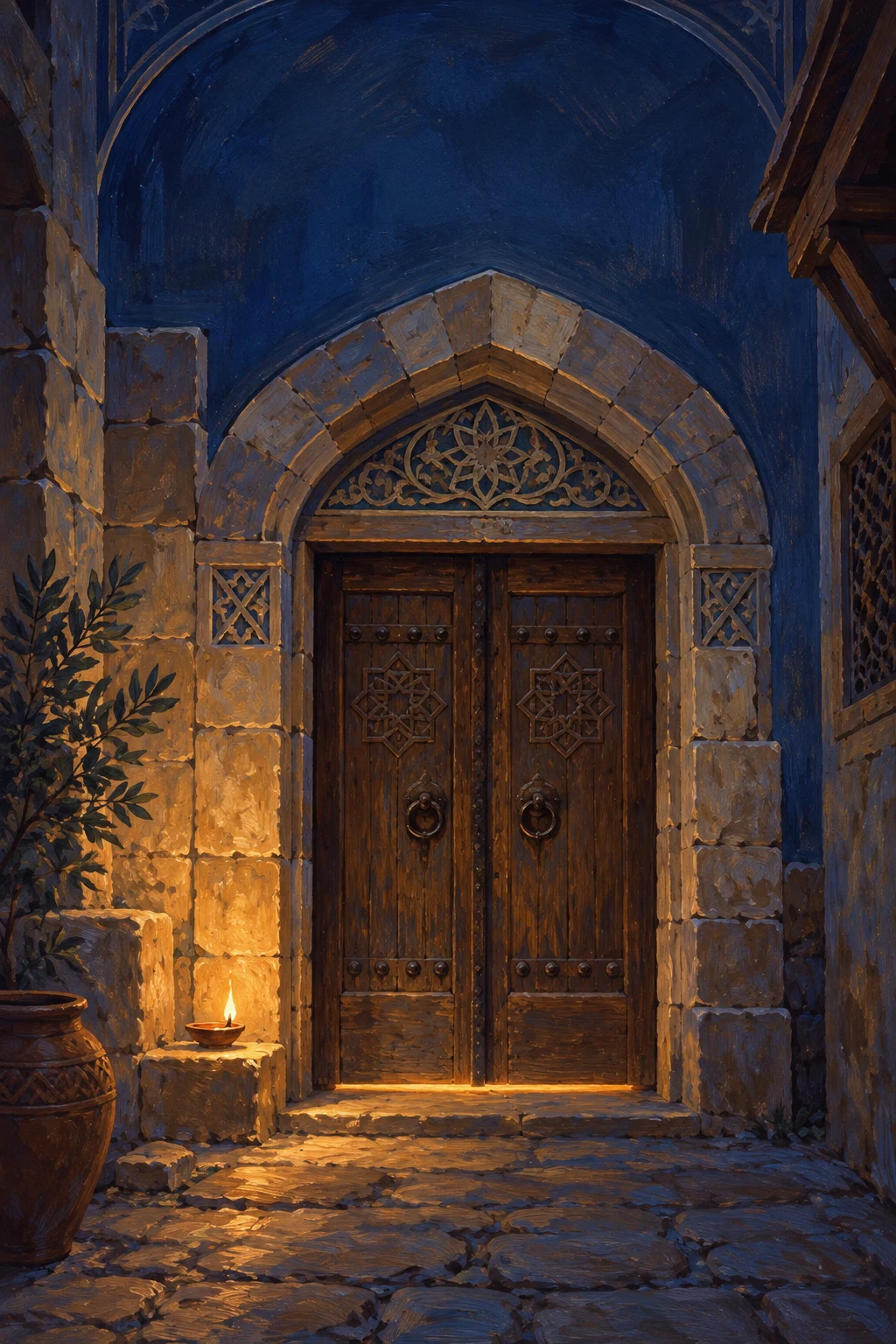 A closed wooden door in blue shadow, with warm lamplight beneath the threshold
