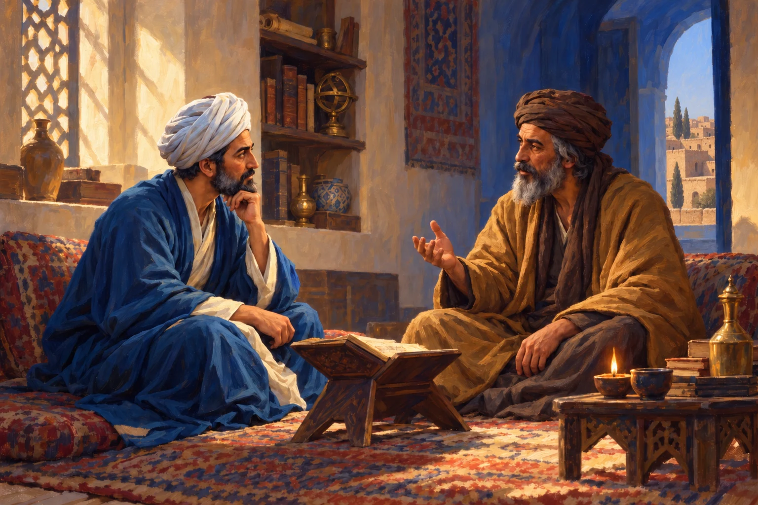 An artistic interpretation of Rumi listening to Shams in a lamplit study